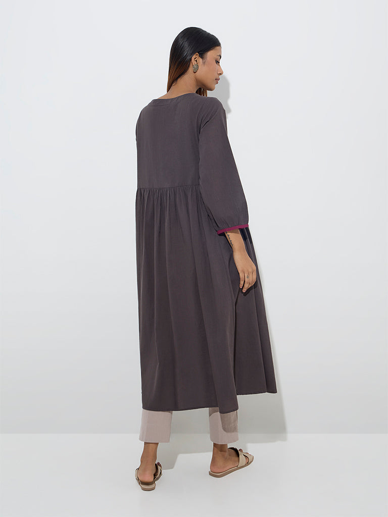 Utsa Charcoal Mirror Embroidered Fit-and-Flare Cotton Kurta - Image 4