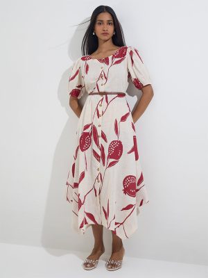 Utsa Off-White Anar Design Asymmetrical Cotton Dress