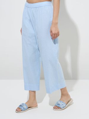 Utsa Light Blue Seersucker Striped Cotton Ethnic Pants