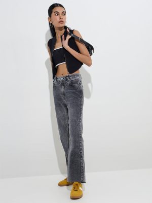 Nuon Grey Washed Straight-Fit High-Rise Jeans