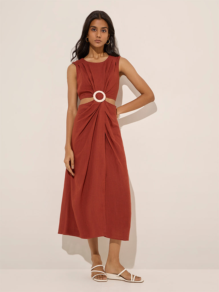 LOV Rust Cut-Out Detailed Linen-Blend A-Line Dress
