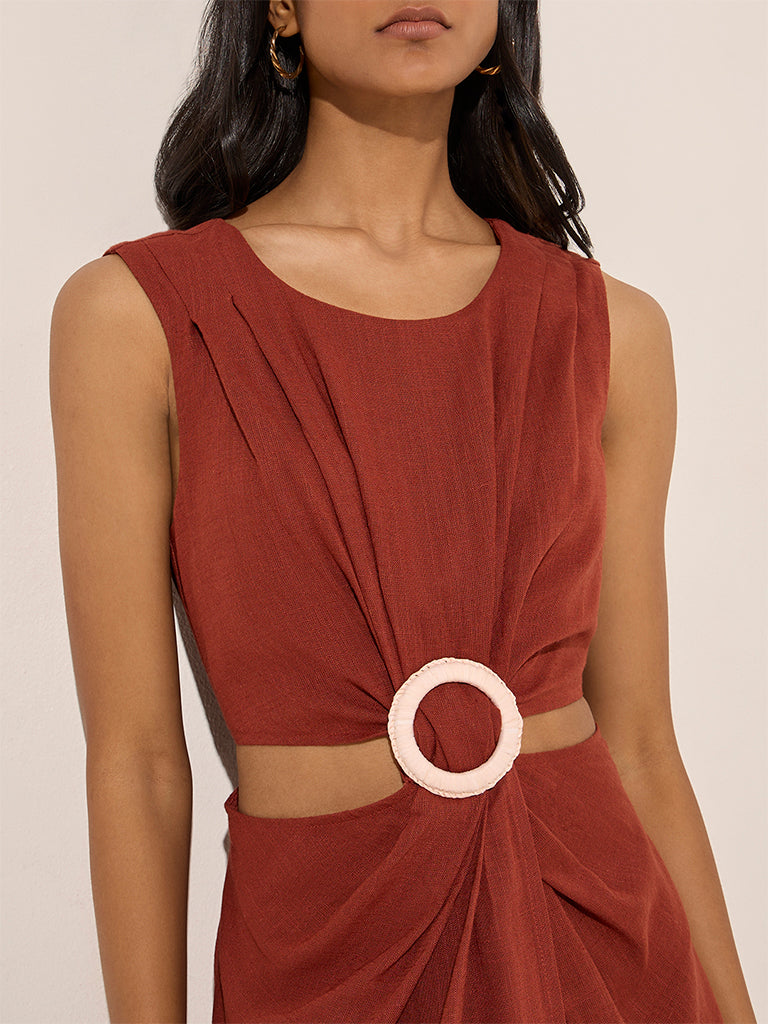 LOV Rust Cut-Out Detailed Linen-Blend A-Line Dress - Image 2