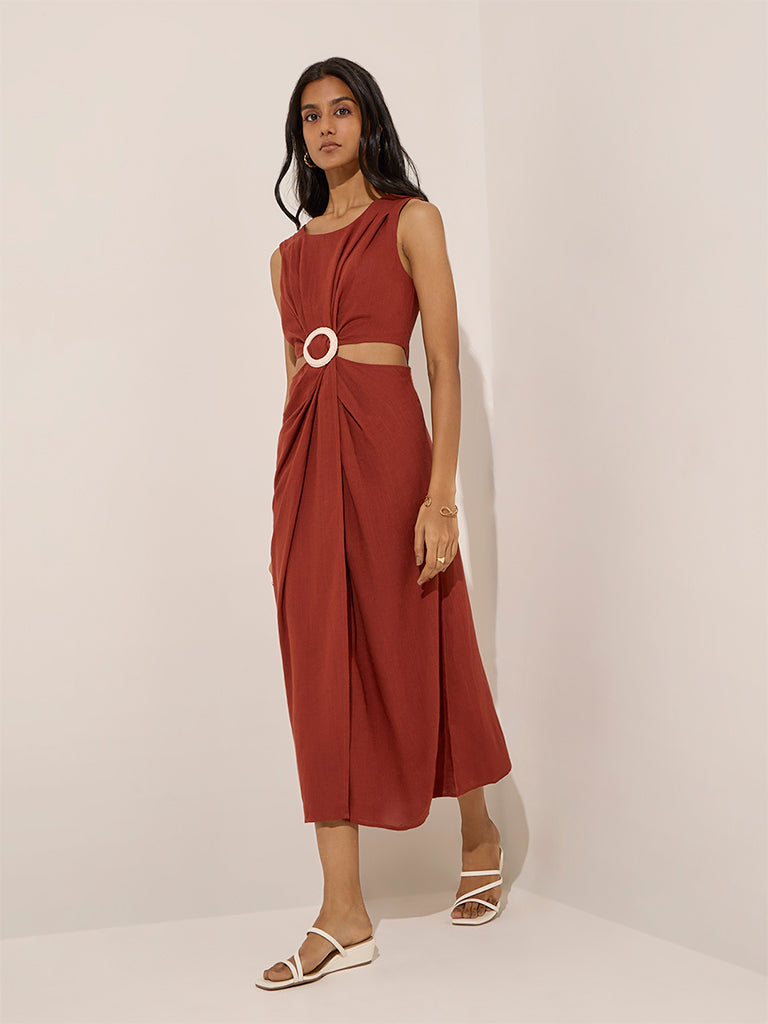 LOV Rust Cut-Out Detailed Linen-Blend A-Line Dress - Image 3