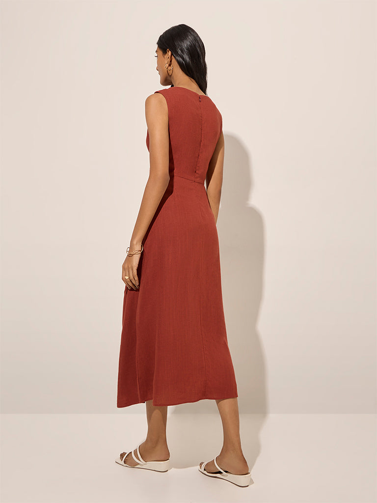 LOV Rust Cut-Out Detailed Linen-Blend A-Line Dress - Image 4