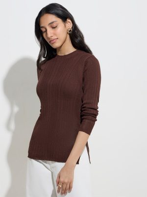 LOV Dark Brown Ribbed-Textured Top