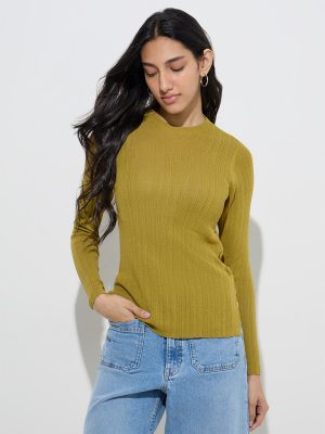 LOV Olive Ribbed-Textured Top