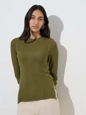 LOV Green Ribbed-Textured Top