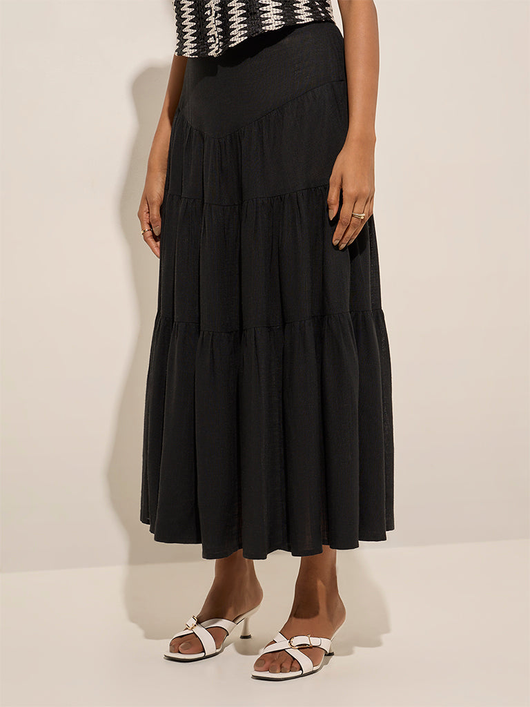 LOV Black Linen-Blend High-Rise Tiered Skirt - Image 3
