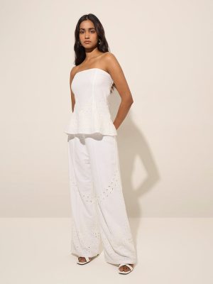 LOV White Schiffli-Detailed High-Rise Cotton Trousers