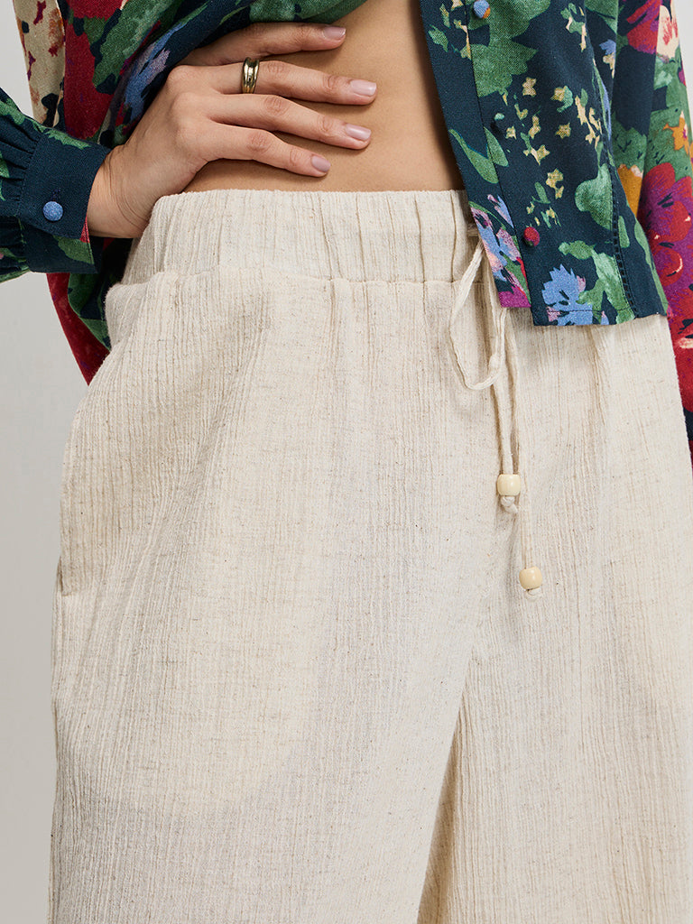 LOV Off-White Crinkle-Textured High-Rise Cotton-Blend Pants - Image 2