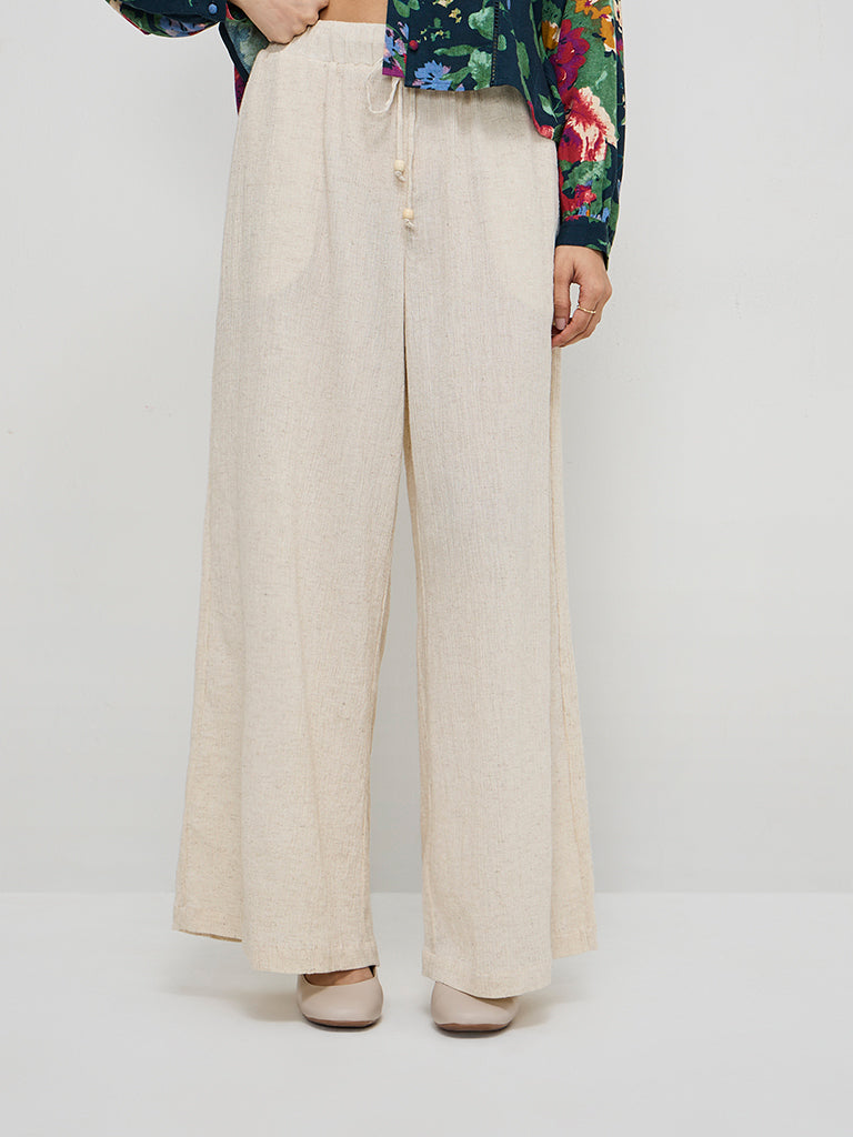 LOV Off-White Crinkle-Textured High-Rise Cotton-Blend Pants - Image 3