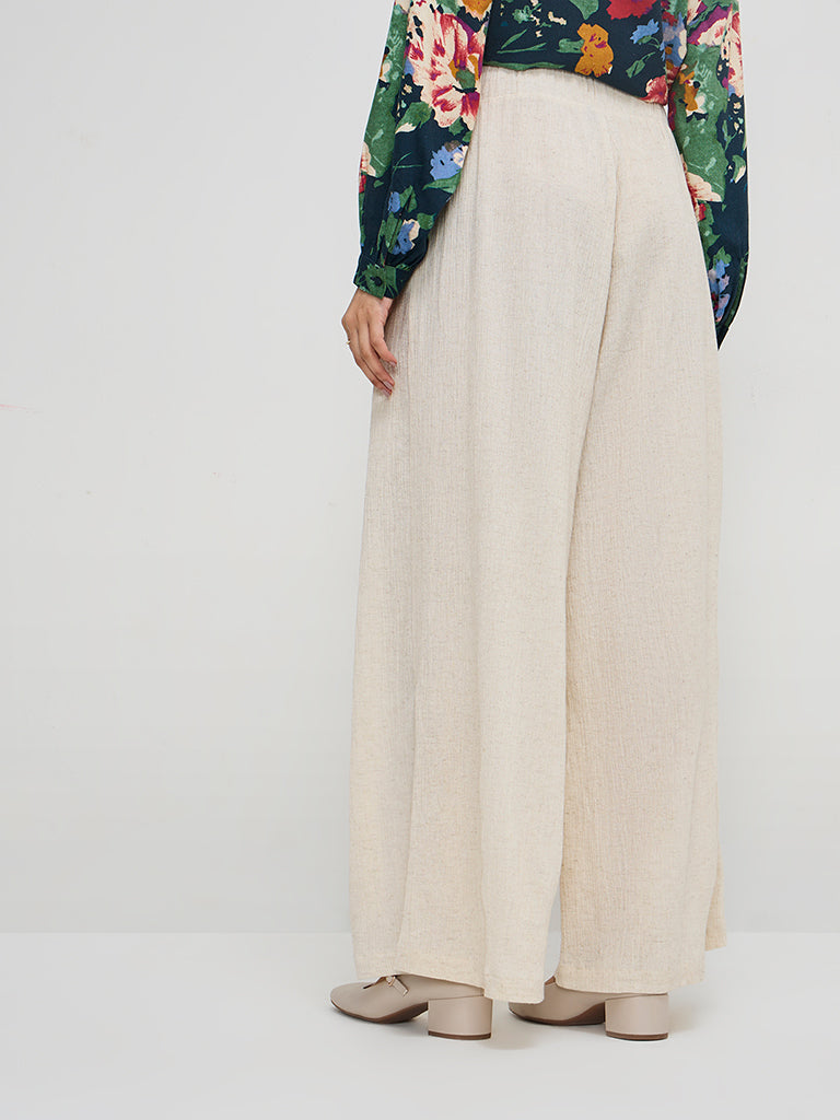 LOV Off-White Crinkle-Textured High-Rise Cotton-Blend Pants - Image 4