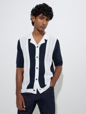 Ascot Navy Colour-Blocked Knitted Relaxed-Fit Cotton Shirt