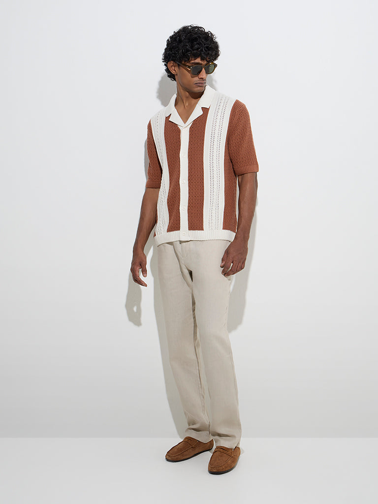 Ascot Rust Crochet-Detailed Relaxed-Fit Cotton Shirt - Image 3