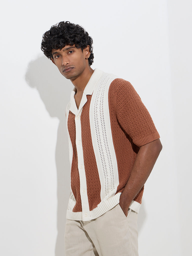 Ascot Rust Crochet-Detailed Relaxed-Fit Cotton Shirt