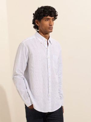 WES Casuals Light Blue Striped Relaxed-Fit Cotton-Blend Shirt