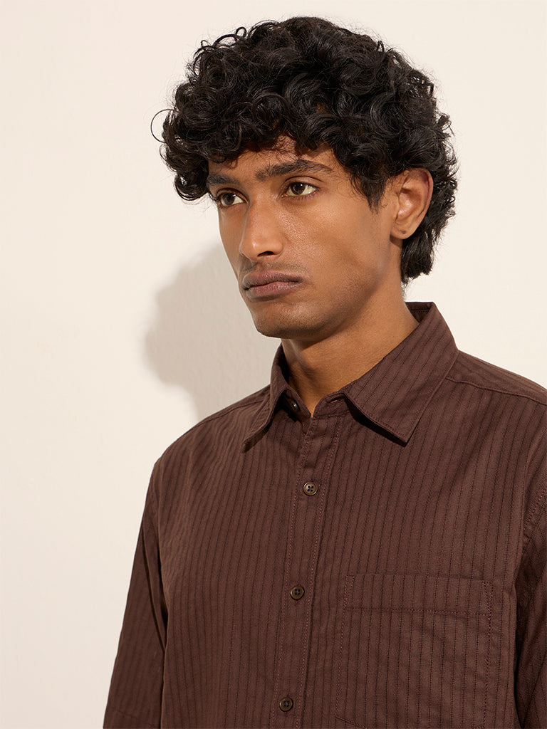 WES Casuals Brown Self-Striped Relaxed-Fit Cotton Shirt - Image 2