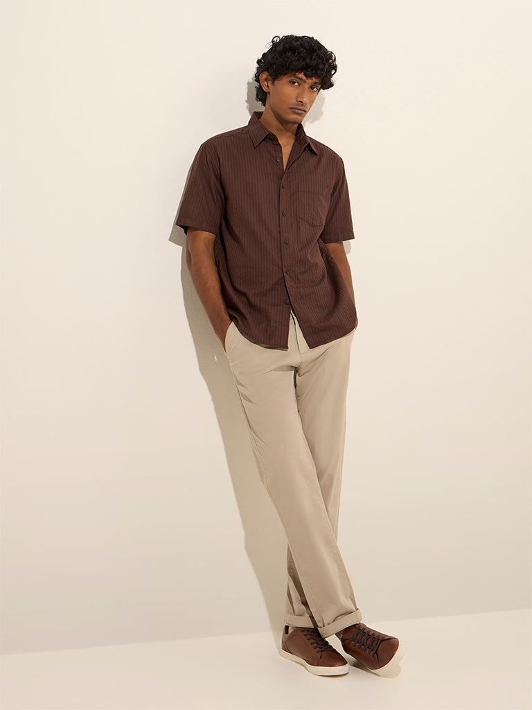 WES Casuals Brown Self-Striped Relaxed-Fit Cotton Shirt - Image 3
