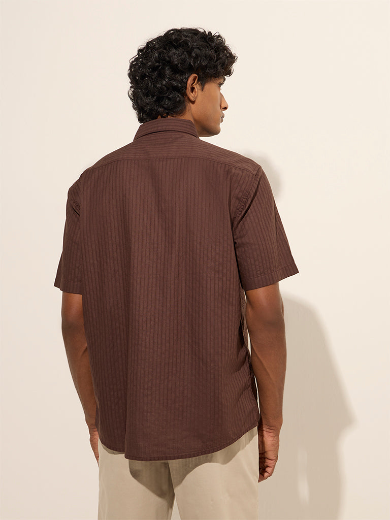 WES Casuals Brown Self-Striped Relaxed-Fit Cotton Shirt - Image 4