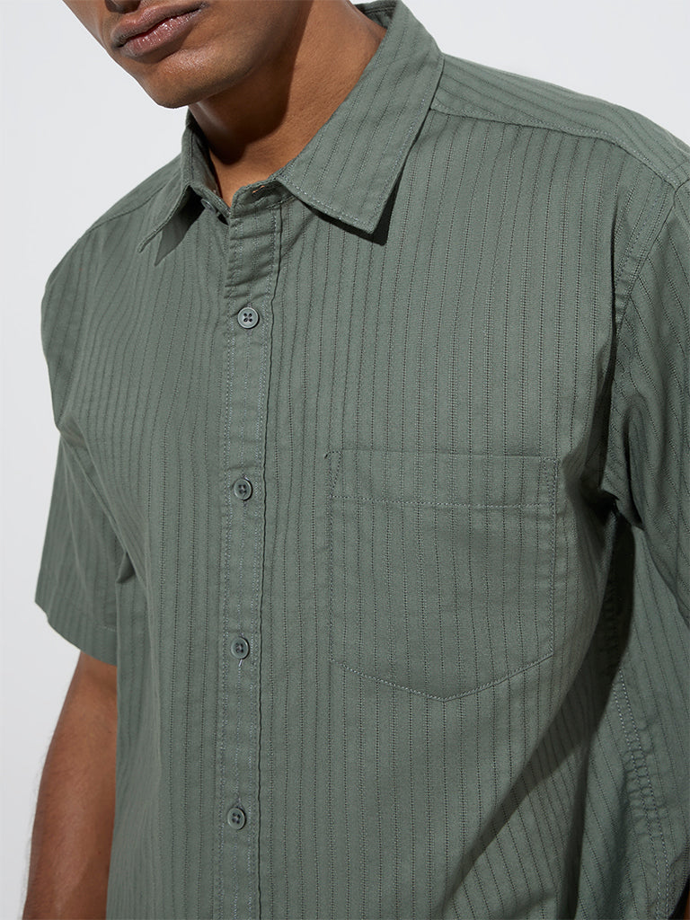 WES Casuals Sage Self-Striped Relaxed-Fit Cotton Shirt - Image 3