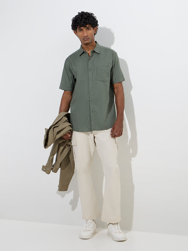 WES Casuals Sage Self-Striped Relaxed-Fit Cotton Shirt - Image 4