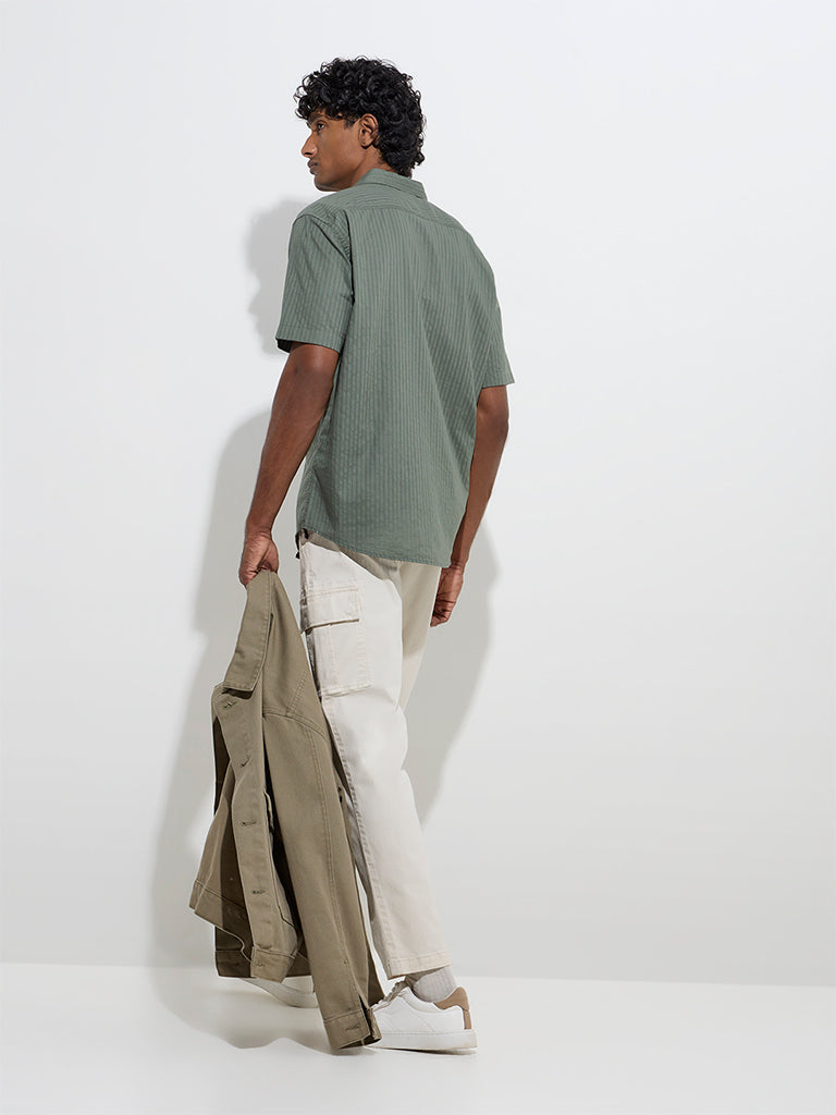 WES Casuals Sage Self-Striped Relaxed-Fit Cotton Shirt - Image 5