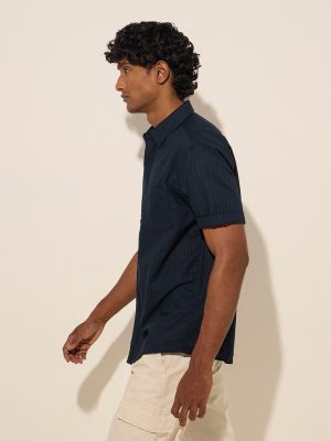 WES Casuals Navy Self-Striped Relaxed-Fit Cotton Shirt