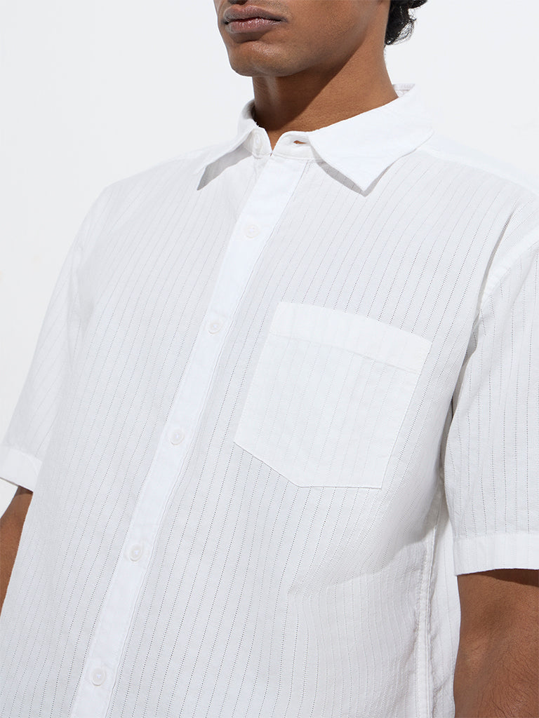 WES Casuals White Self-Striped Relaxed-Fit Cotton Shirt - Image 3