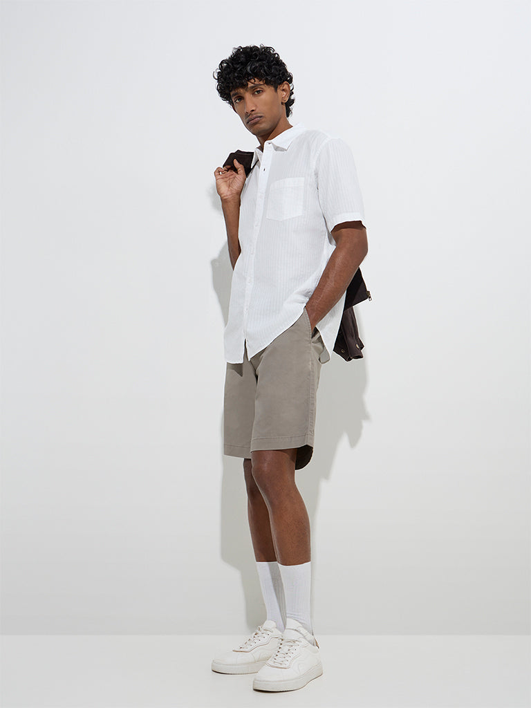 WES Casuals White Self-Striped Relaxed-Fit Cotton Shirt - Image 4