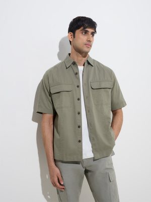 WES Casuals Dark Sage Relaxed-Fit Cotton Shirt