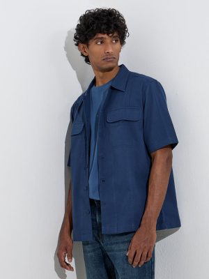 WES Casuals Navy Solid Relaxed-Fit Cotton Shirt