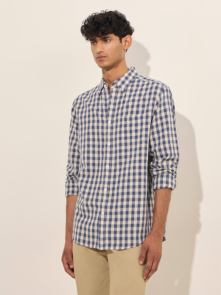 WES Casuals Navy Checks Print Relaxed-Fit Cotton Shirt