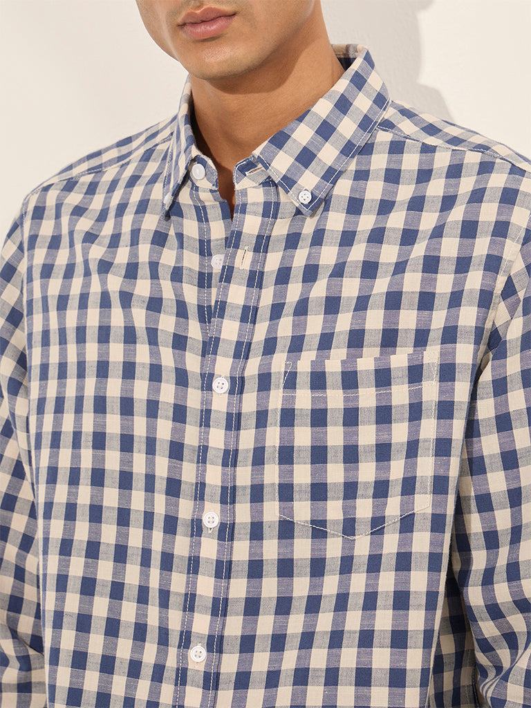 WES Casuals Navy Checks Print Relaxed-Fit Cotton Shirt - Image 2