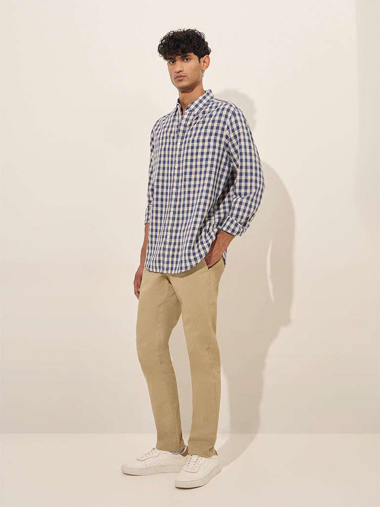 WES Casuals Navy Checks Print Relaxed-Fit Cotton Shirt - Image 3