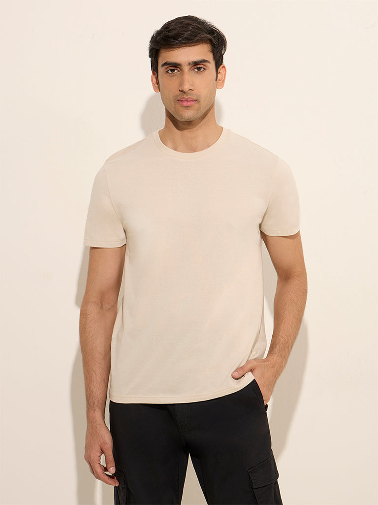 WES Casuals Beige Slim-Fit Cotton T-Shirt