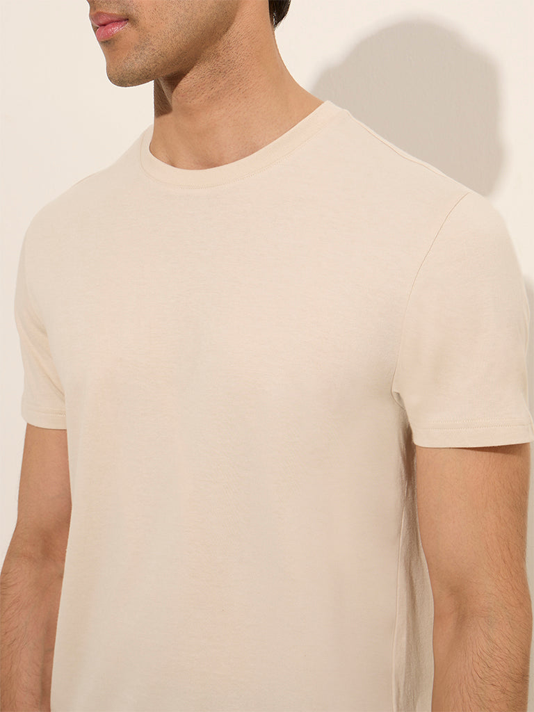 WES Casuals Beige Slim-Fit Cotton T-Shirt - Image 2