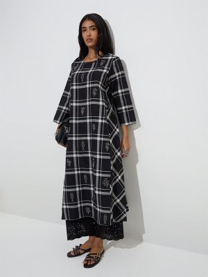Utsa Black Checks Design Cotton A-Line Kurta