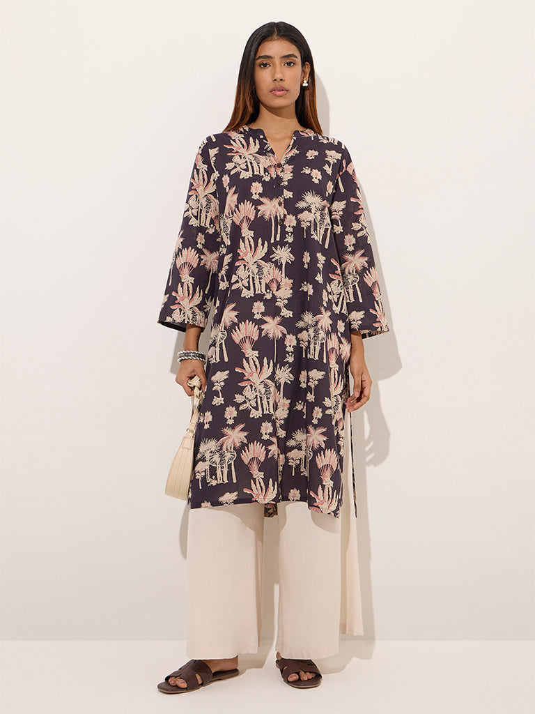 Utsa Charcoal Nature-Inspired Straight Cotton Kurta - Image 3