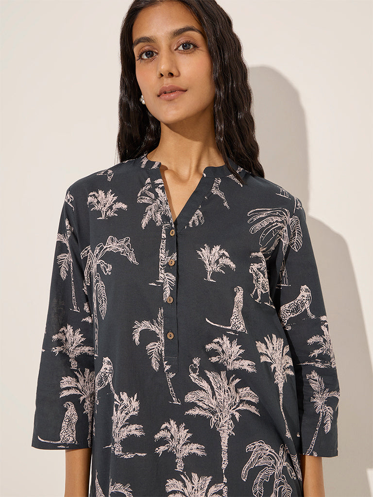 Utsa Black Nature-Themed Straight Cotton Kurta - Image 2