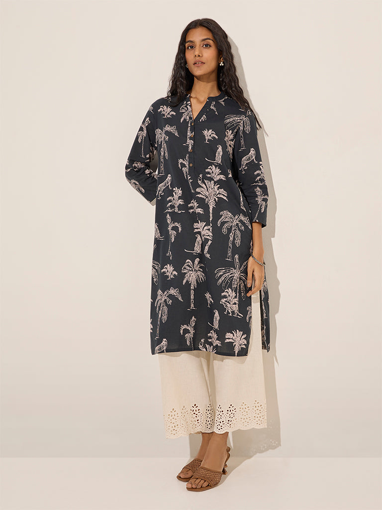 Utsa Black Nature-Themed Straight Cotton Kurta - Image 3