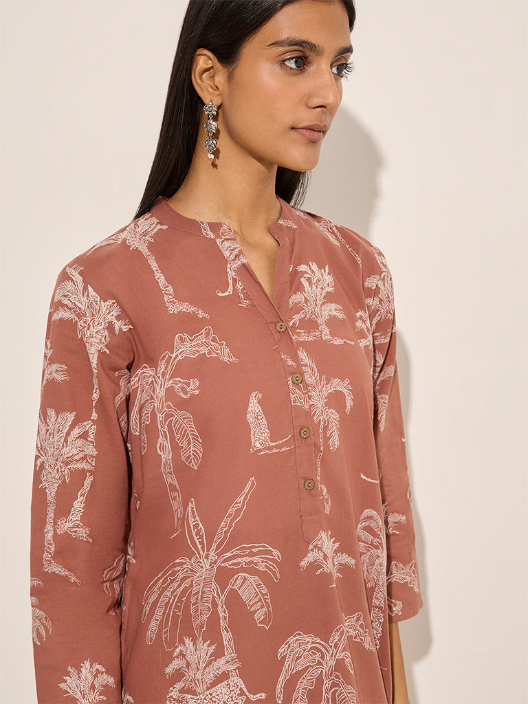 Utsa Brown Nature-Themed Straight Cotton Kurta - Image 2