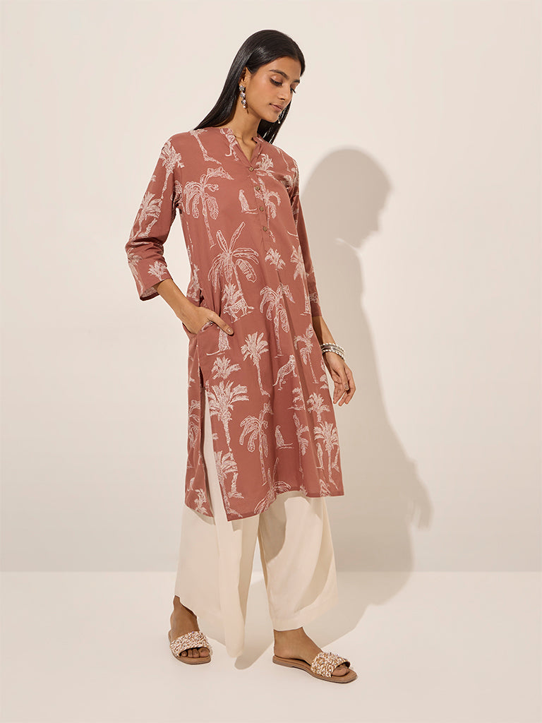 Utsa Brown Nature-Themed Straight Cotton Kurta - Image 3