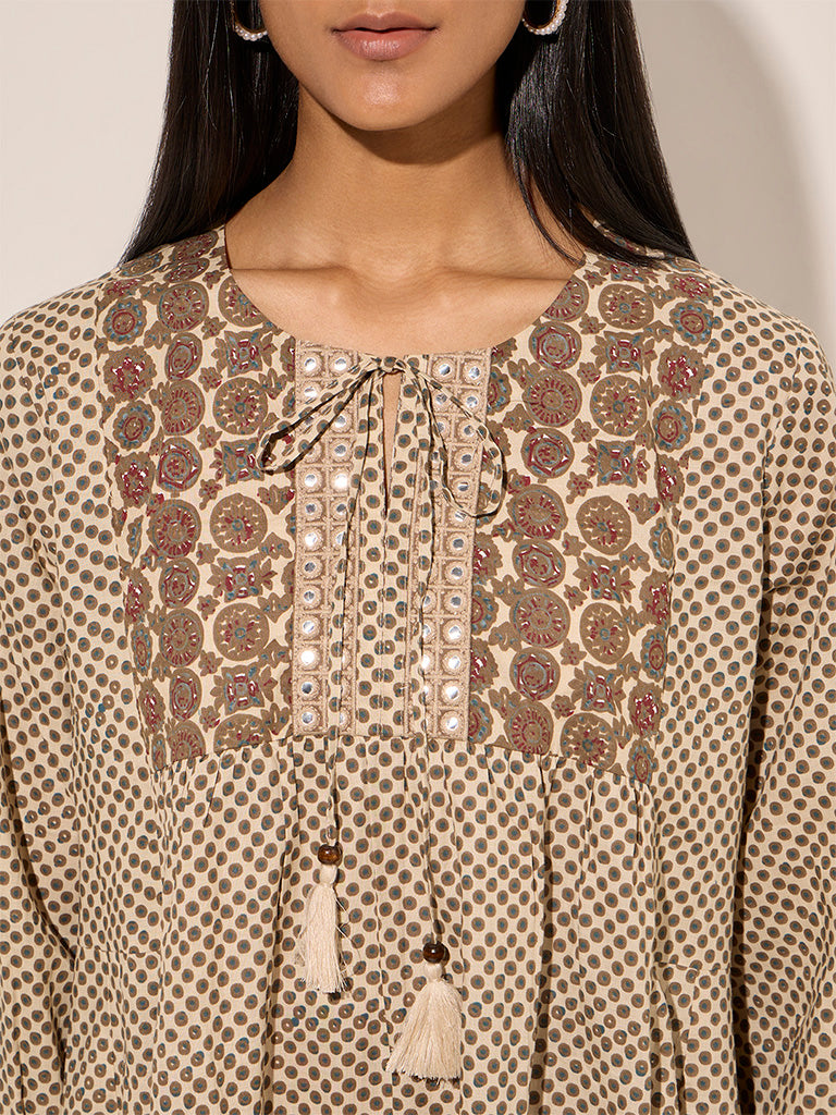 Utsa Beige Printed Cotton Kurti - Image 2