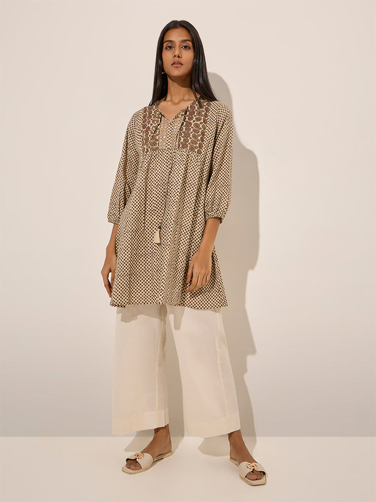 Utsa Beige Printed Cotton Kurti - Image 3