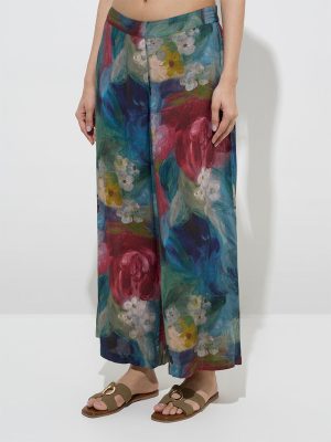 Utsa Blue Watercolour Floral Design Palazzos