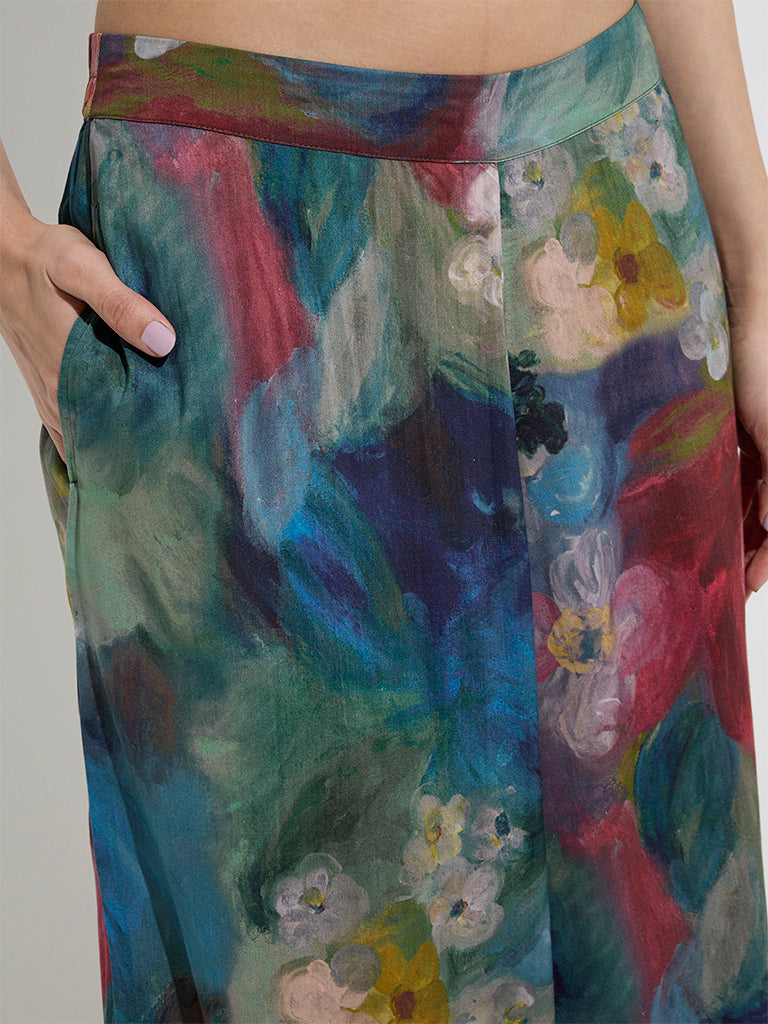 Utsa Blue Watercolour Floral Design Palazzos - Image 4