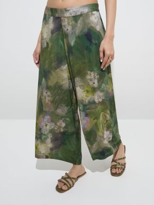 Utsa Dark Green Watercolour Floral Design Palazzos