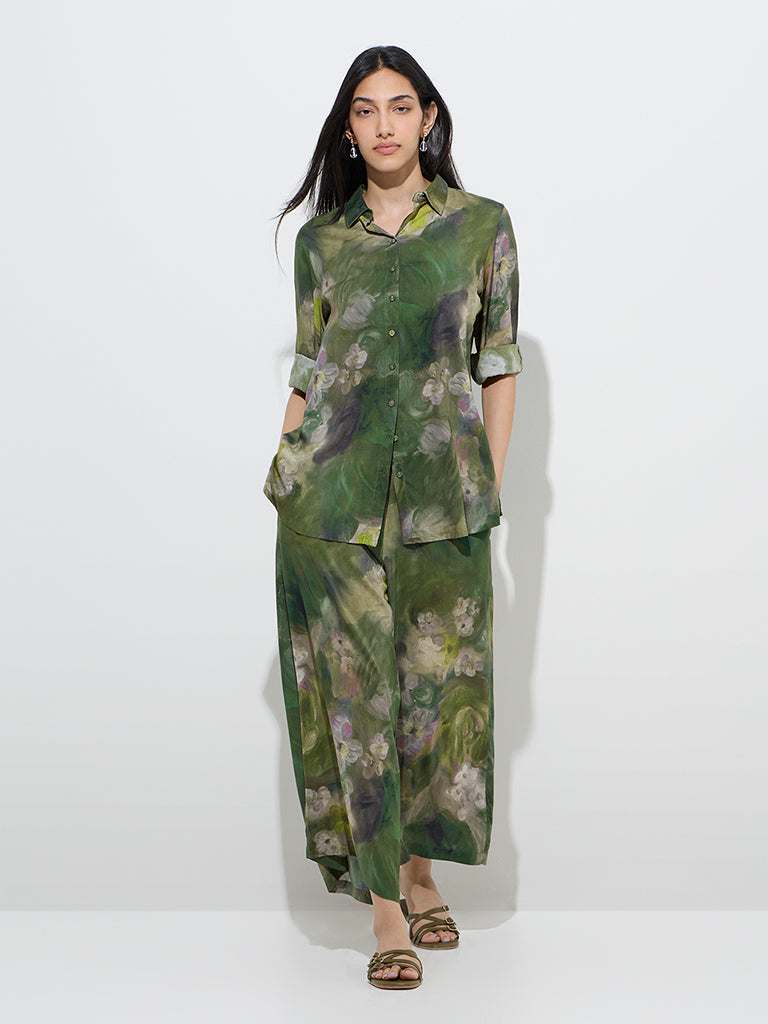 Utsa Dark Green Watercolour Floral Design Palazzos - Image 3
