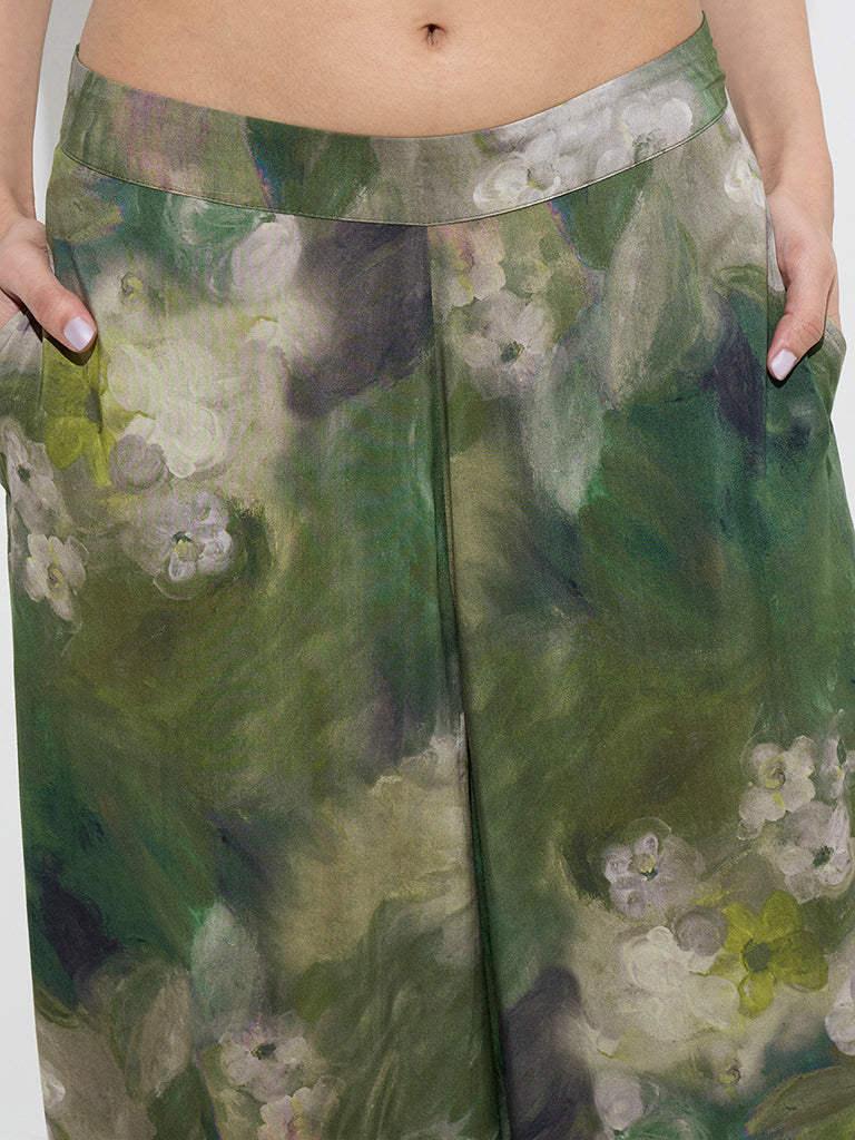 Utsa Dark Green Watercolour Floral Design Palazzos - Image 4