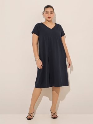Gia Navy Solid Cotton A-Line Dress